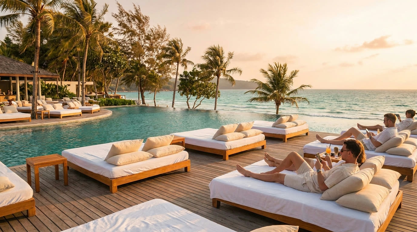 Beach club at golden hour, Bali